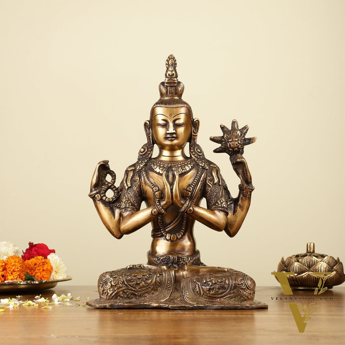 10.5" Brass Chenrezig (Shadakshari Lokeshvara) - Tibetan Buddhist Deity