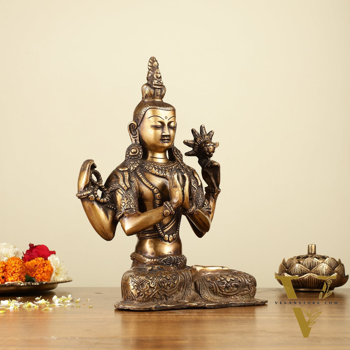 10.5" Brass Chenrezig (Shadakshari Lokeshvara) - Tibetan Buddhist Deity
