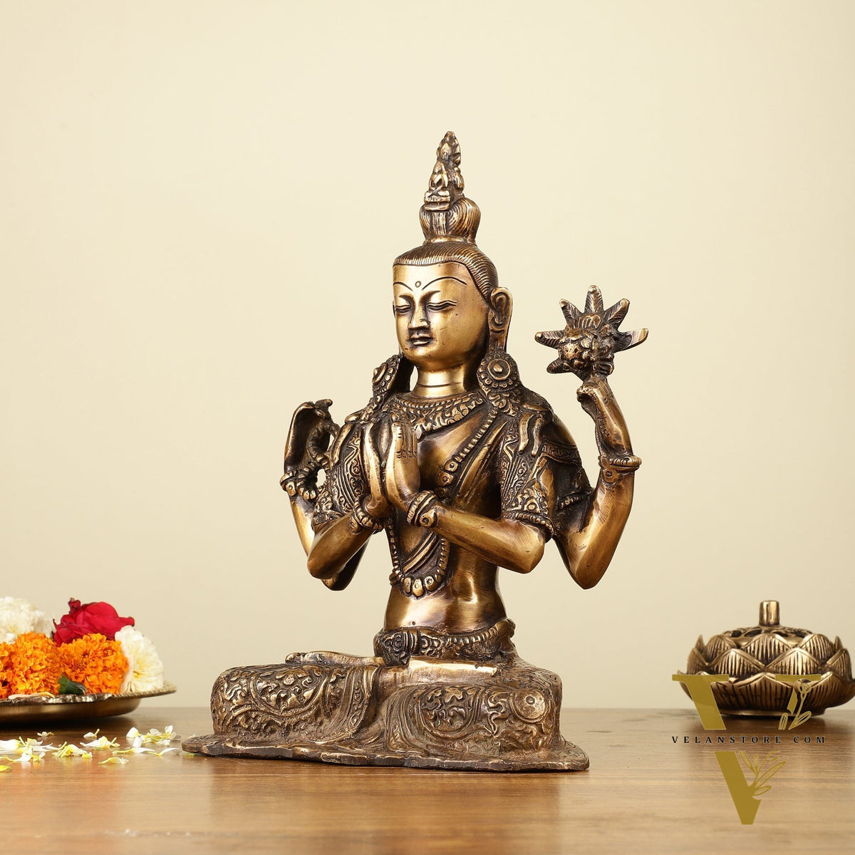 10.5" Brass Chenrezig (Shadakshari Lokeshvara) - Tibetan Buddhist Deity