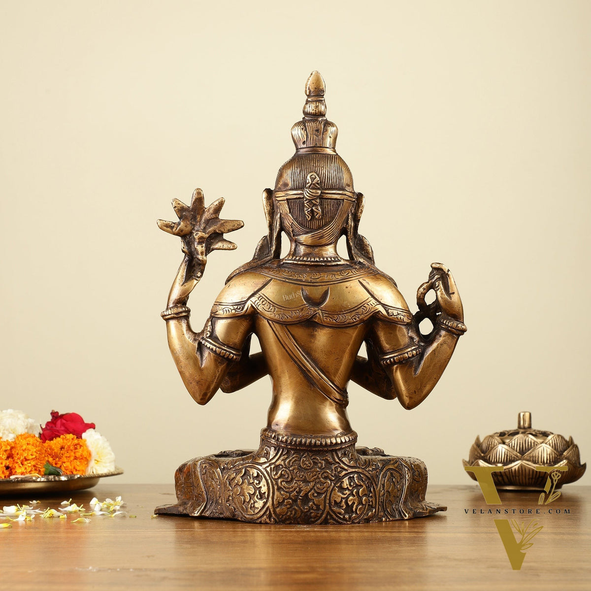 10.5" Brass Chenrezig (Shadakshari Lokeshvara) - Tibetan Buddhist Deity