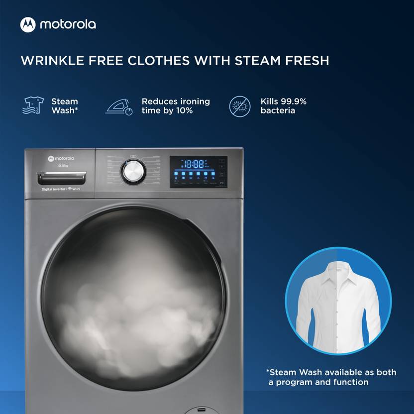 Motorola 10.5 kg Smart Wi-Fi Enabled Enabled Steam Wash Inverter Technology Fully Automatic Front Load Washing Machine with In-built Heater Grey (105FLIWBM5S)-4