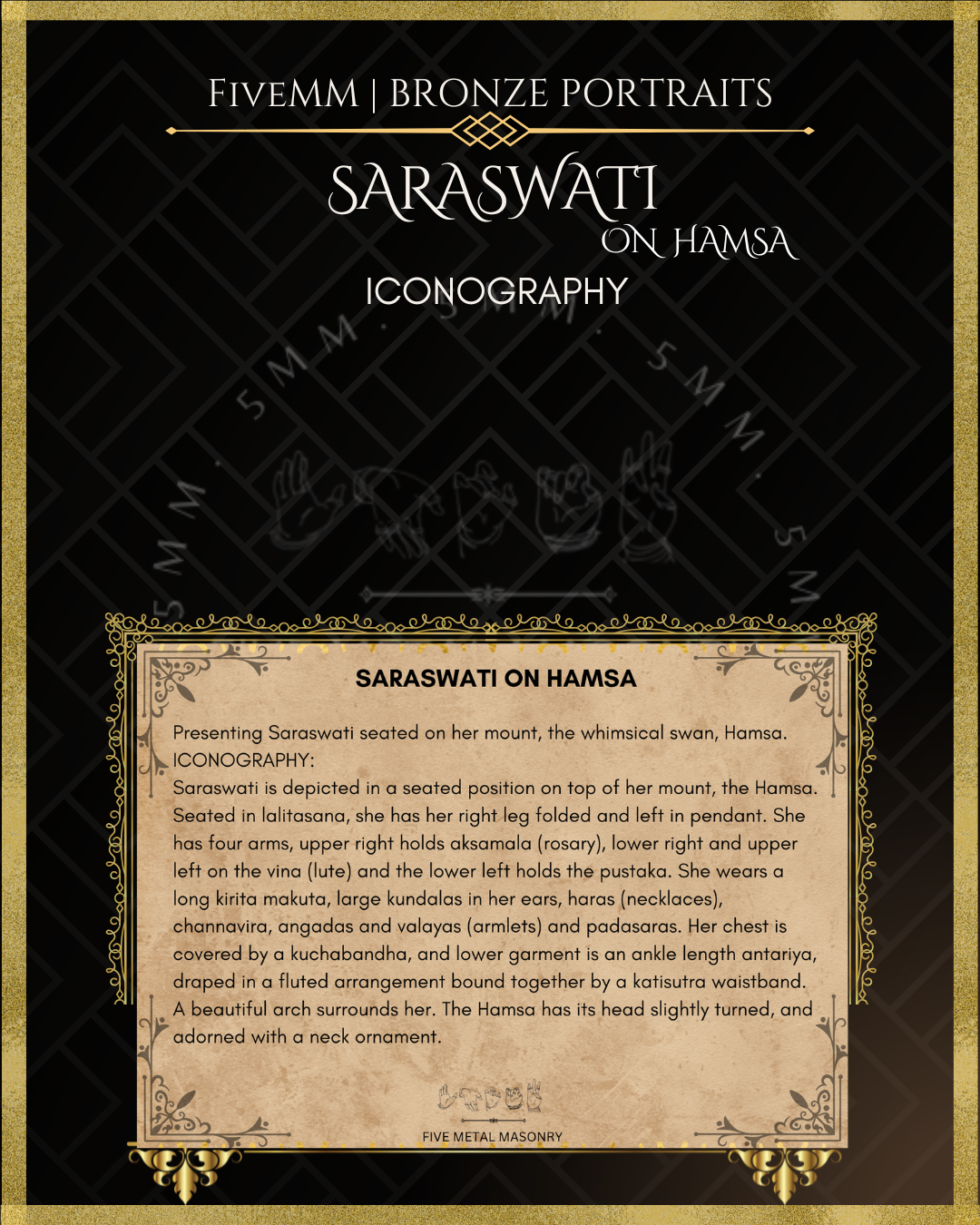 Saraswati seated on Hamsa Panchaloha Bronze Icon - 8"