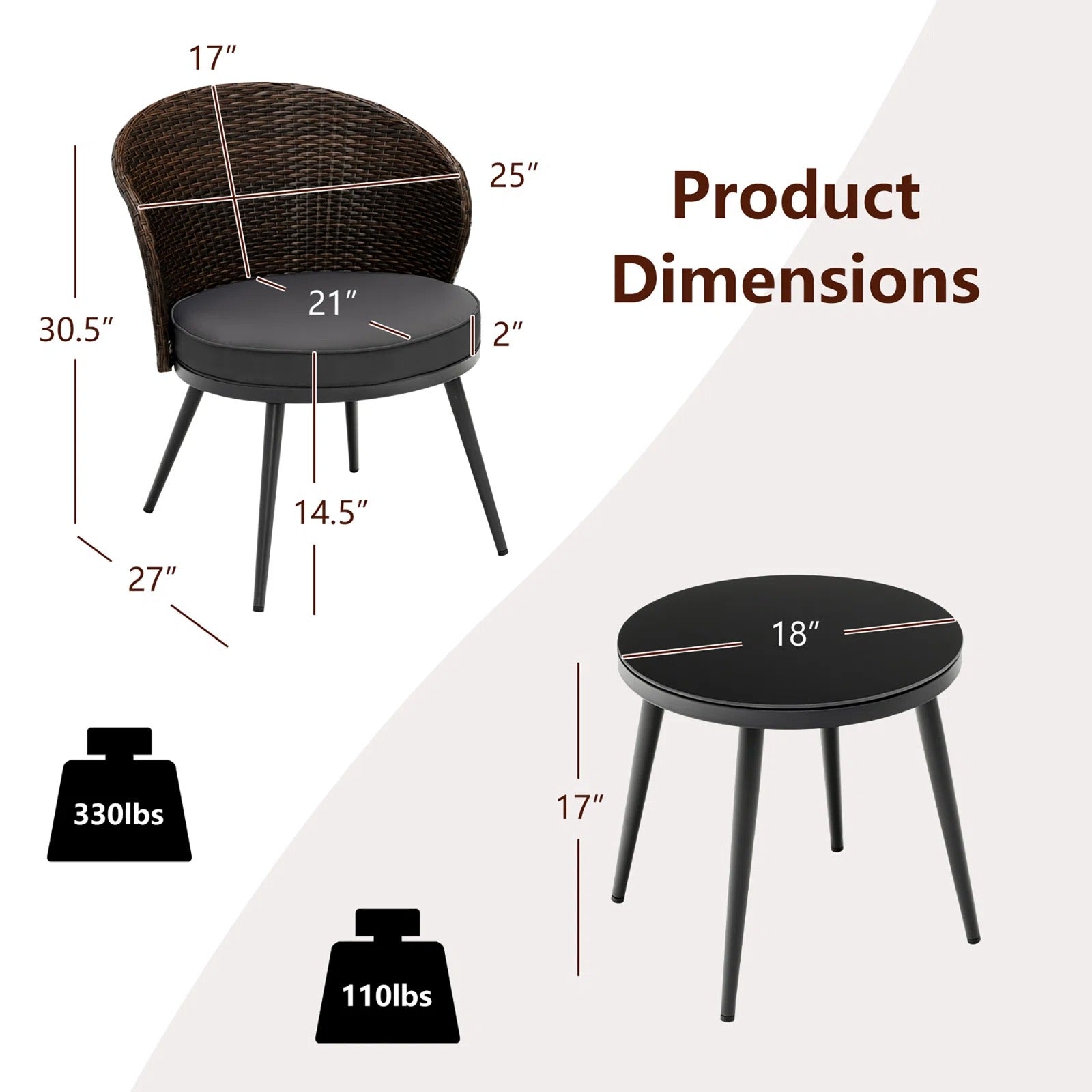 Stilt Outdoor Patio Seating Set 2 Chairs and 1 Table Set (Black + Brown)