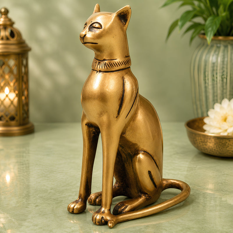 Brass Cat Idol Handcrafted Traditional Sculpture for Vastu Home Decor Pooja and Luxury Gifting, Gold, 8 Inch, 1 Piece