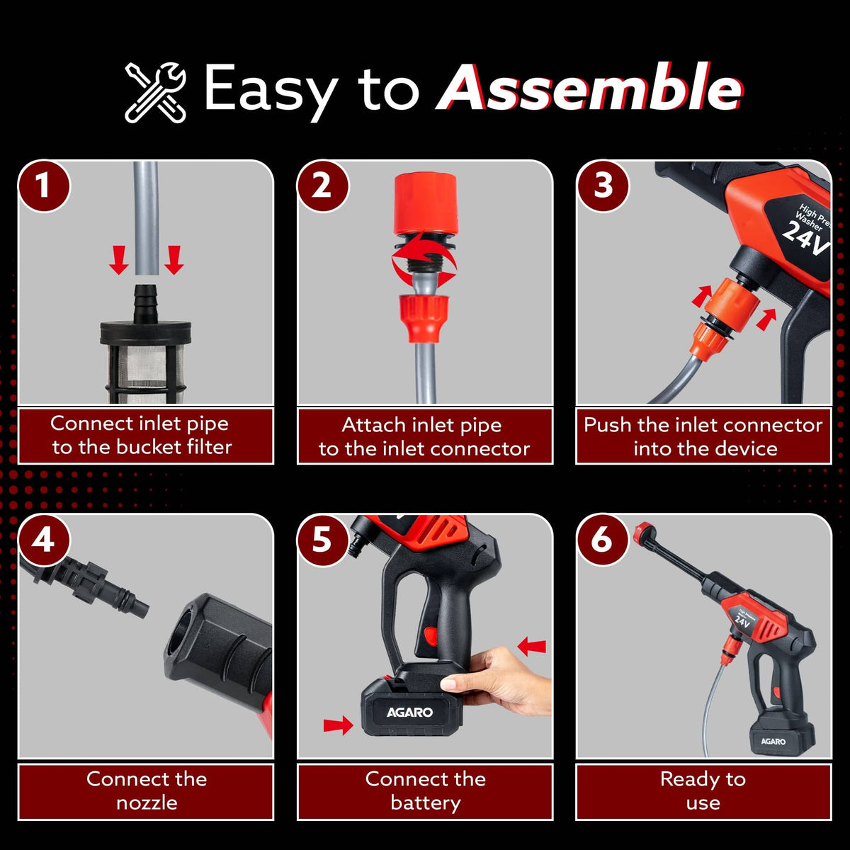AGARO Marvel Cordless High Pressure Washer Gun | 24V Rechargeable Battery (2 x 1500mAh) | 110–240V | 10 Bar | 6-in-1 Adj
