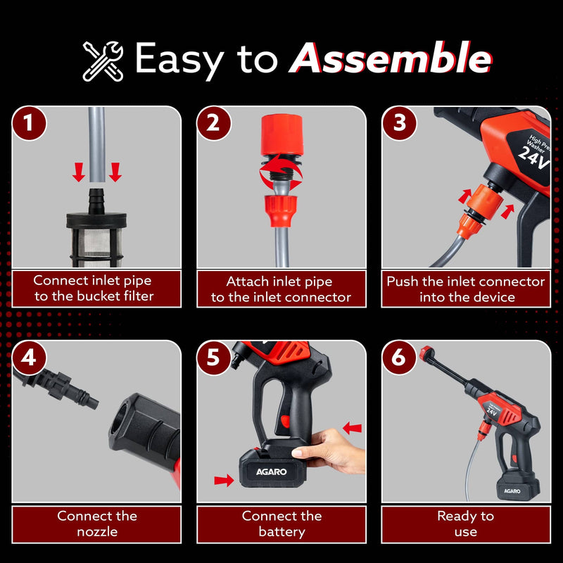 AGARO Marvel Cordless High Pressure Washer Gun | 24V Rechargeable Battery (2 x 1500mAh) | 110–240V | 10 Bar | 6-in-1 Adj