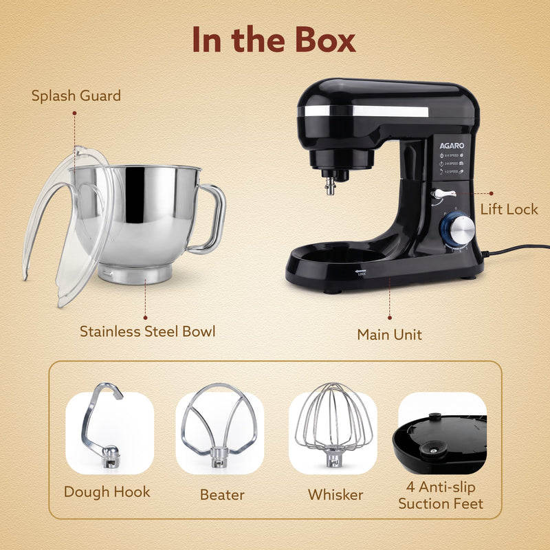AGARO Royal Stand Mixer, Dough Maker Machine, 1000W Atta Maker, 100% Copper Motor, 5L SS Bowl, 8 Speed + Pulse Function,