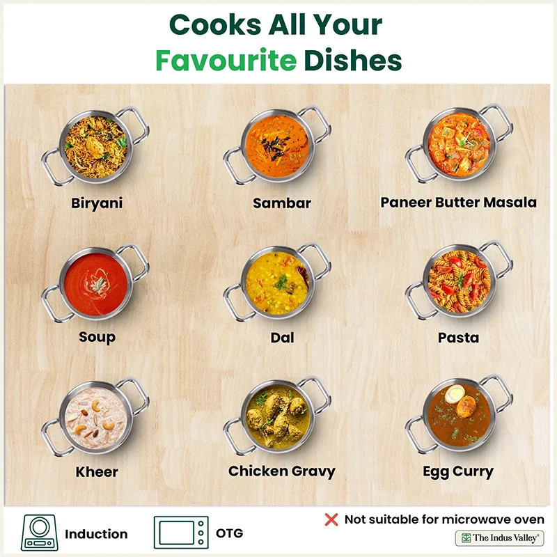 Tri-ply Stainless Steel Biryani Pot/ Casserole/ Sauce Pot with Steel Lid, Premium Quality, 3 Layer Thick Body and 5-ply Bottom, 100% Toxin-free, Non-stick, Induction & Gas, 2.3L/18cm