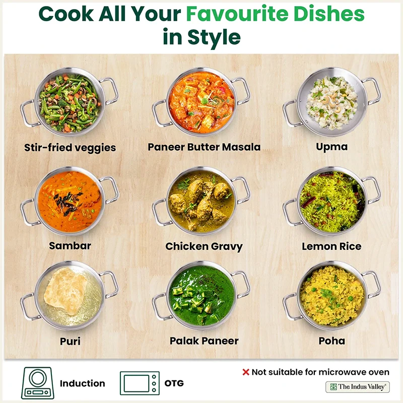 TurboCuk Tri-ply Stainless Steel Kadai+ Glass Lid, Premium Quality, 3 Layer Thick Body, 100% Toxin-free, Non-stick, Induction & Gas, 1.7/2.7/3.5L