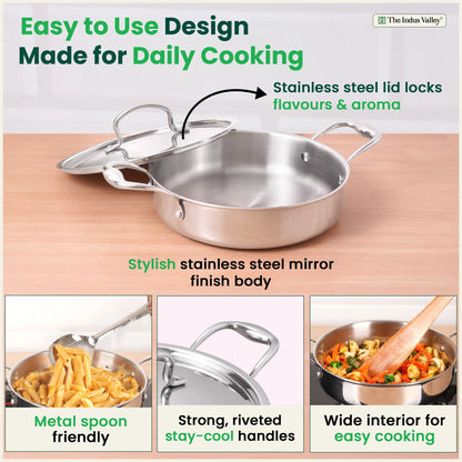 Tri-ply Stainless Steel Saute Pan (22cm, 2L) – No Sticking, No Burning | With Steel Lid | Fast Heating, Healthy Cooking | Induction Safe