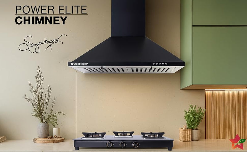 Wonderchef Power Elite Chimney | 60cm |1050 m3/hr| Baffle Filter | 3 Speed Push Button Controls | Powerful Suction | Low