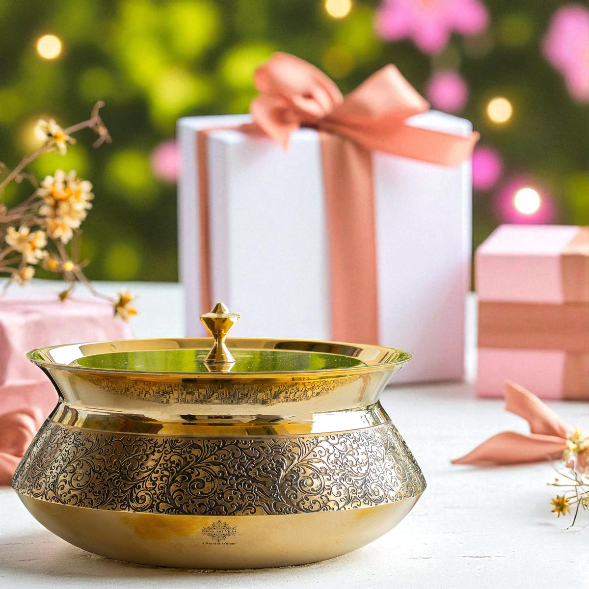Pure Brass Handi with Lid - Embossed Floral Design Cookware