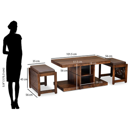 Nilkamal Corner Solid Wood Coffee Table with 2 Set Stools (Walnut)