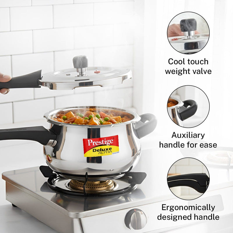 Prestige 3 Litre Stainless Steel Deluxe Alpha Svachh Outer Lid Mini Handi Pressure Cooker, Triply Base, Gas & Induction Compatible + Prestige Omega Deluxe Granite Non-stick Omni Tawa, 25 cm, Black