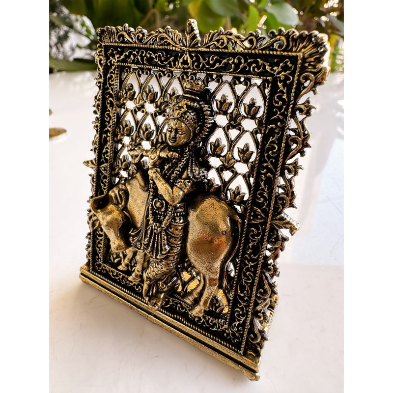Pure Brass Miniature Krishna Ji Murti with Cow - 7.87 cm