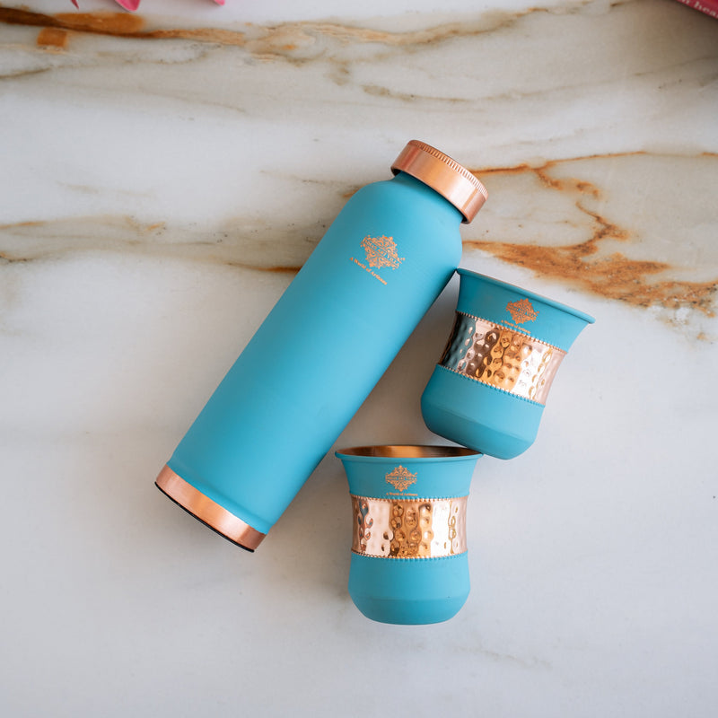 Pure Copper Drinkware Gift Set SKy Blue Color Bottle & Two Glasses
