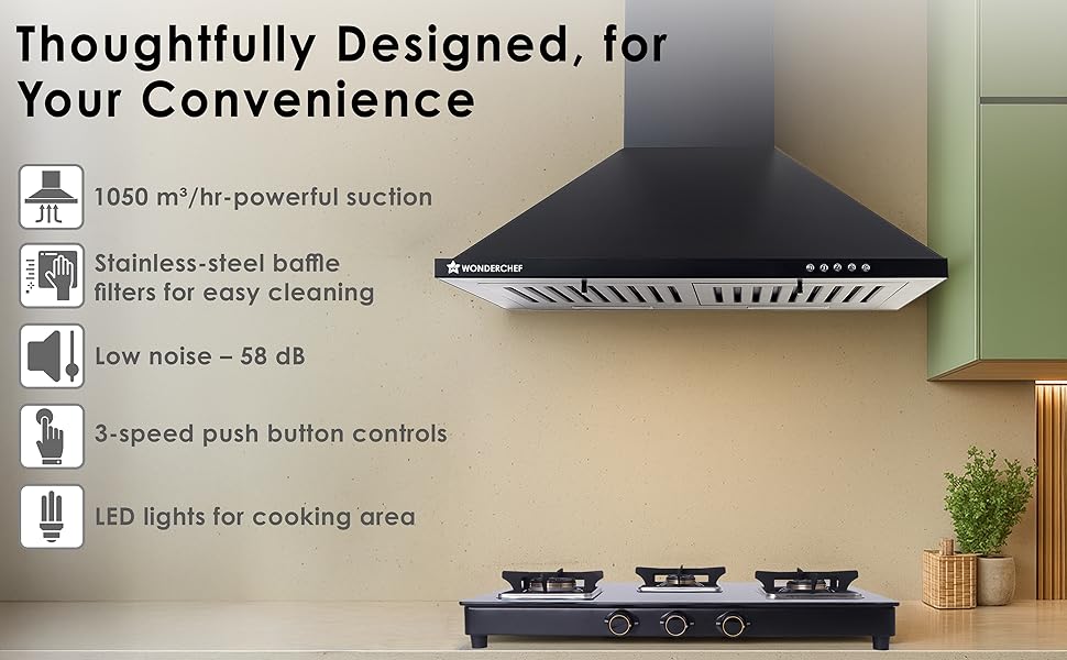 Wonderchef Power Elite Chimney | 60cm |1050 m3/hr| Baffle Filter | 3 Speed Push Button Controls | Powerful Suction | Low