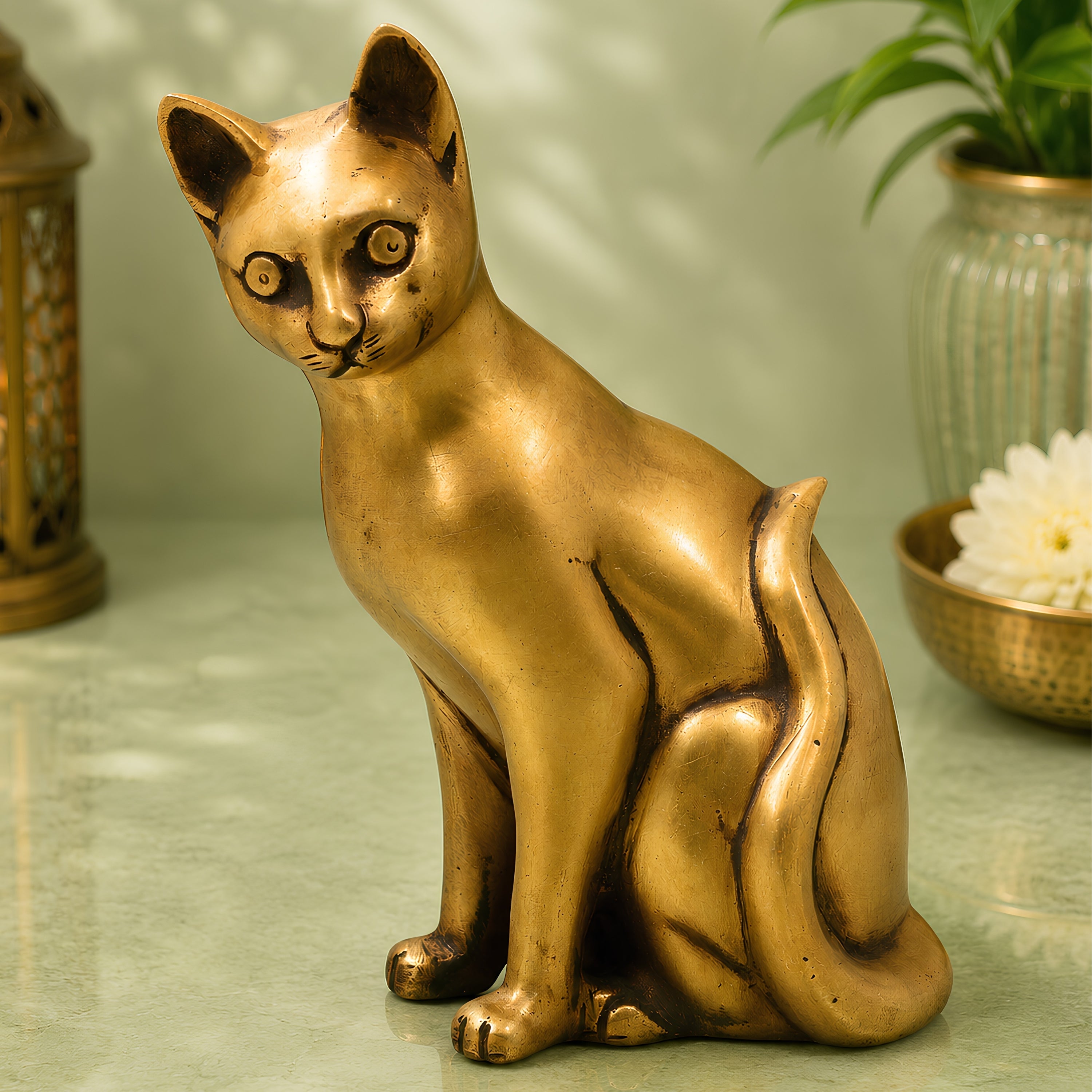 Brass Cat Idol for Home Decor, Spiritual Gifting & Traditional Display, Gold, 8 Inch, 1 Piece