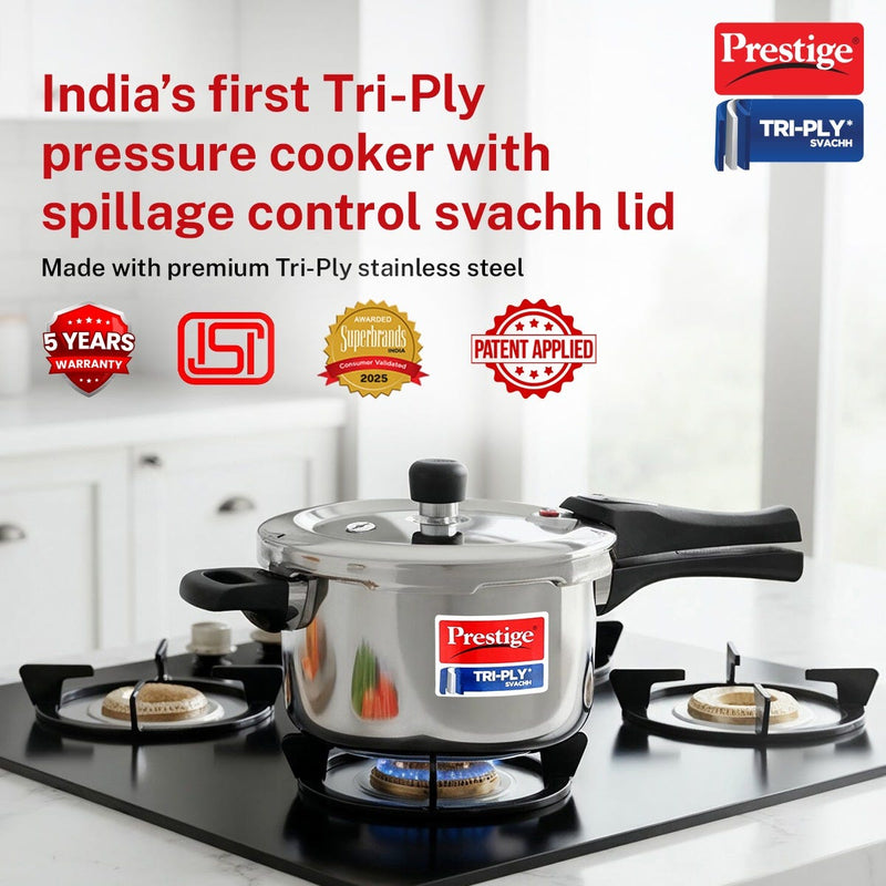 Prestige 3 Litre TRIPLY Svachh Outer Lid Pressure Cooker, Deep Lid Spillage Control, Gas & Induction + Prestige Platina Popular Stainless Steel Impact Forged Bottom Kadai with Glass Lid, 24cm, 2.8 L