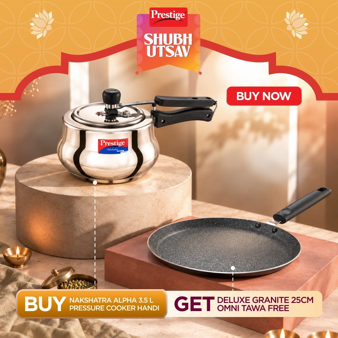 Prestige 3.5 Litre Stainless Steel Nakshatra Alpha Svachh Inner Lid Handi Pressure Cooker, Triply Base, Gas & Induction Compatible + Prestige Omega Deluxe Granite Non-stick Omni Tawa, 25 cm, Black
