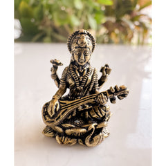 Pure Brass Miniature Saraswati Ji Murti Sitting On Lotus - 2.54 cm