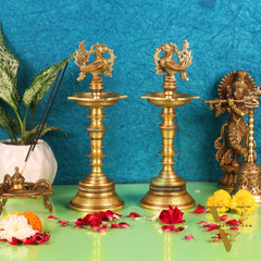 12-Inch Brass Peacock Standing Oil Lamps
