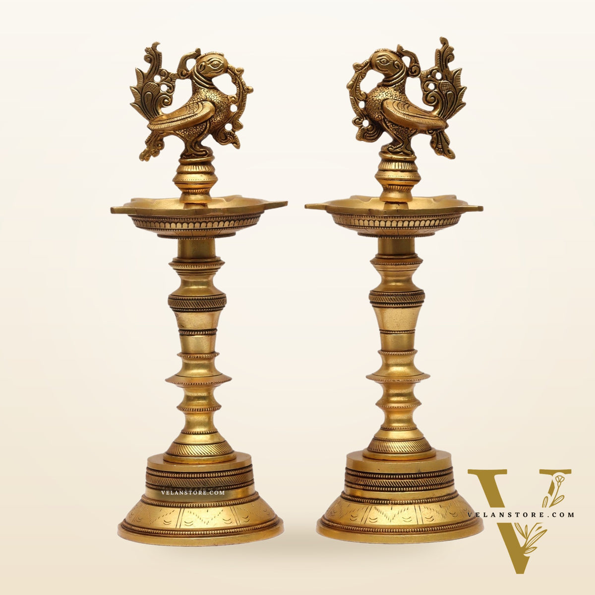 12-Inch Brass Peacock Standing Oil Lamps