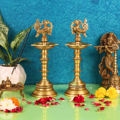 12-Inch Brass Peacock Standing Oil Lamps