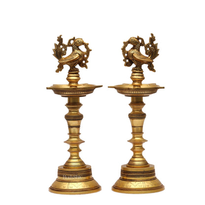 12-Inch Brass Peacock Standing Oil Lamps