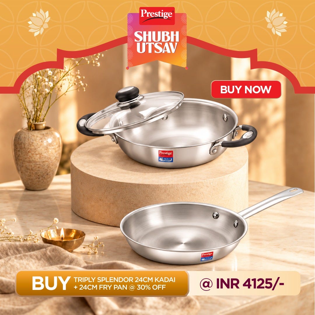 Prestige 24cm/2.7L Tri-Ply Stainless Steel Splendor Kadai with Lid + Prestige 24cm/1.75L Tri-Ply Stainless Steel Splendor Fry Pan, Gas & Induction Compatible, Even Heat Distribution, Lifetime Warranty