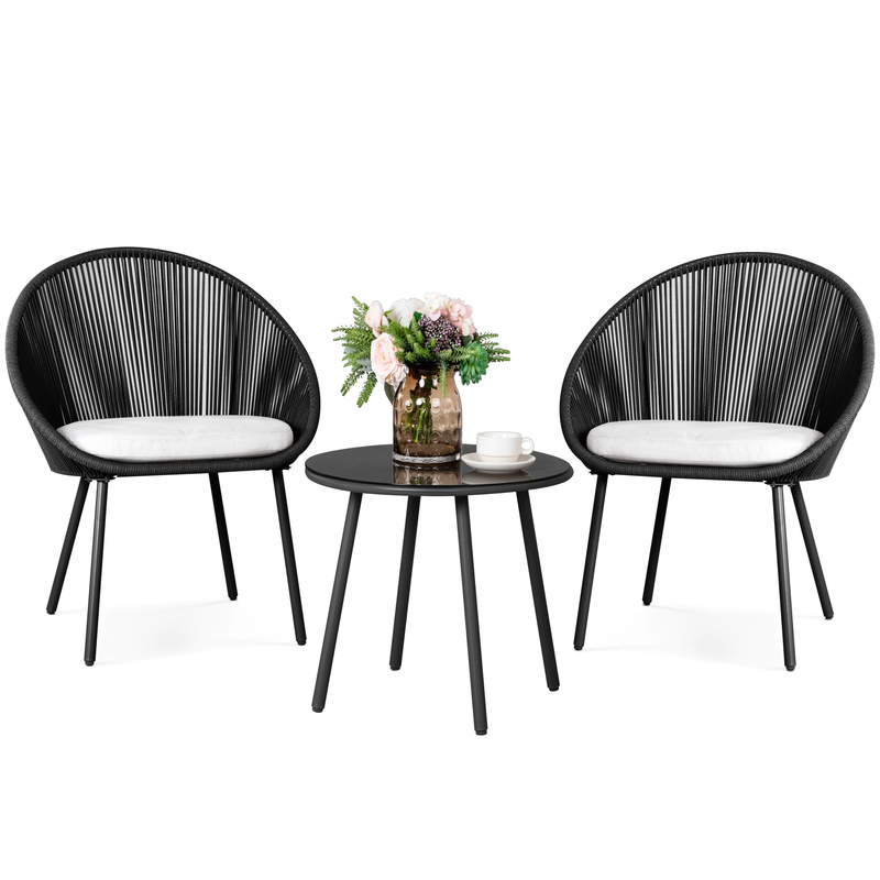 Volta Outdoor Patio Seating Set 2 Chairs and 1 Table Set (Black) Braided & Rope