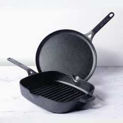 Meyer Cast Iron 2pcs Set - 25cm Grillpan + 28cm Flat Dosa Tawa