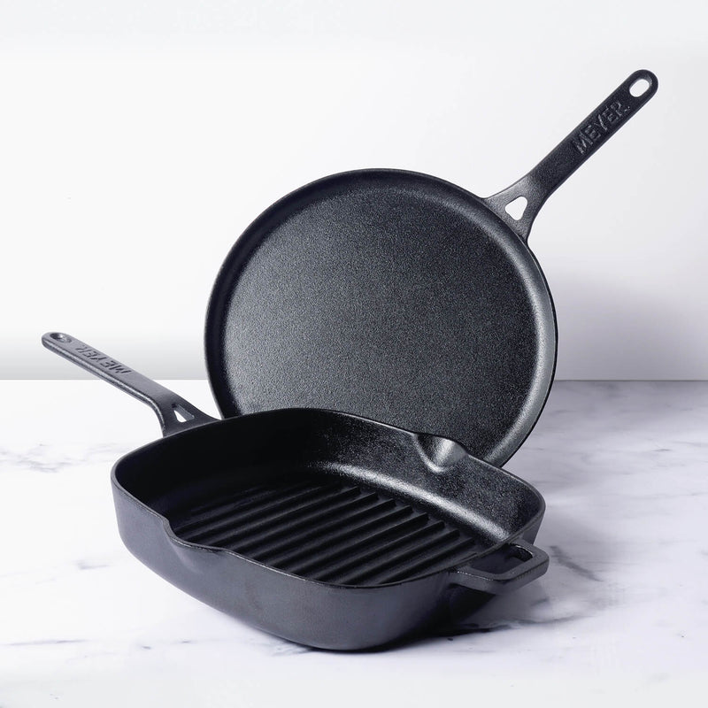 Meyer Cast Iron 2pcs Set - 25cm Grillpan + 28cm Flat Dosa Tawa