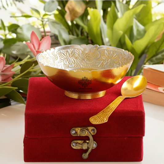 Silver Plated & Gold Polished Embossed Flower Design  Bowl With Spoon, Diwali Festive Gifts Item, Set of 2