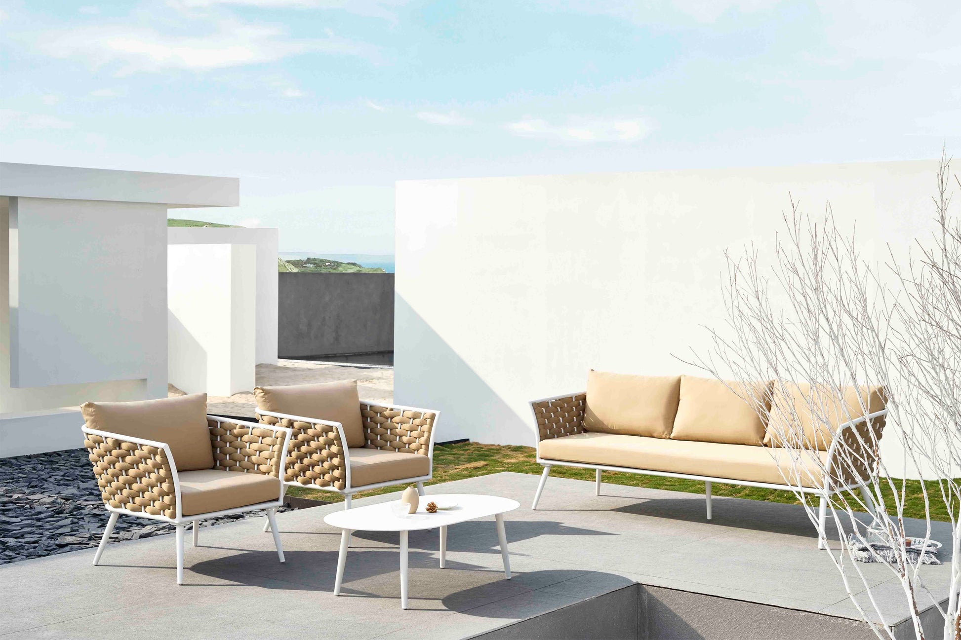Crasio Outdoor Garden Balcony Sofa Set 3 Seater, 2 Single seater and 1 Center Table Set, Braid & Rope (White + Tan)