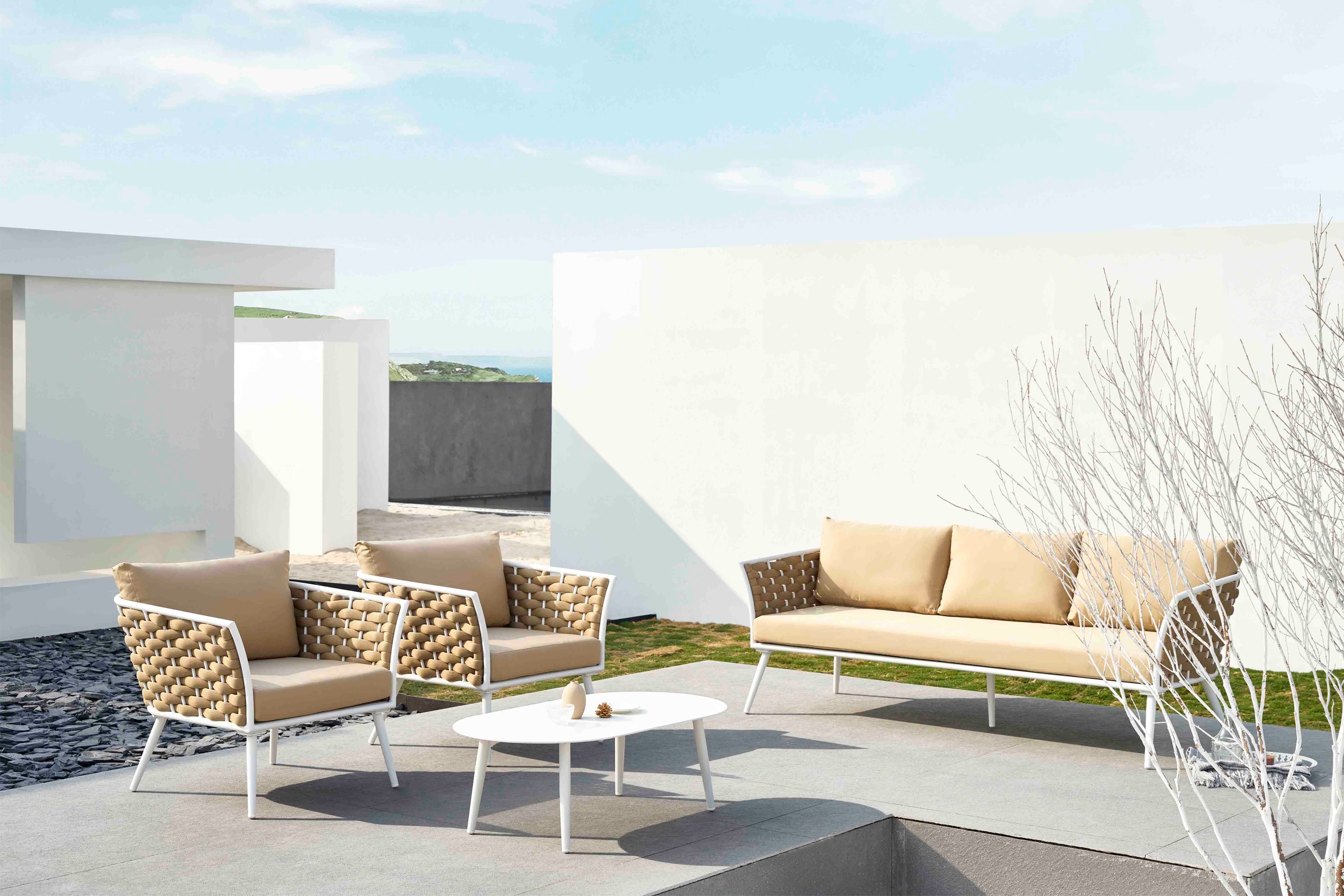 Crasio Outdoor Garden Balcony Sofa Set 3 Seater, 2 Single seater and 1 Center Table Set, Braid & Rope (White + Tan)