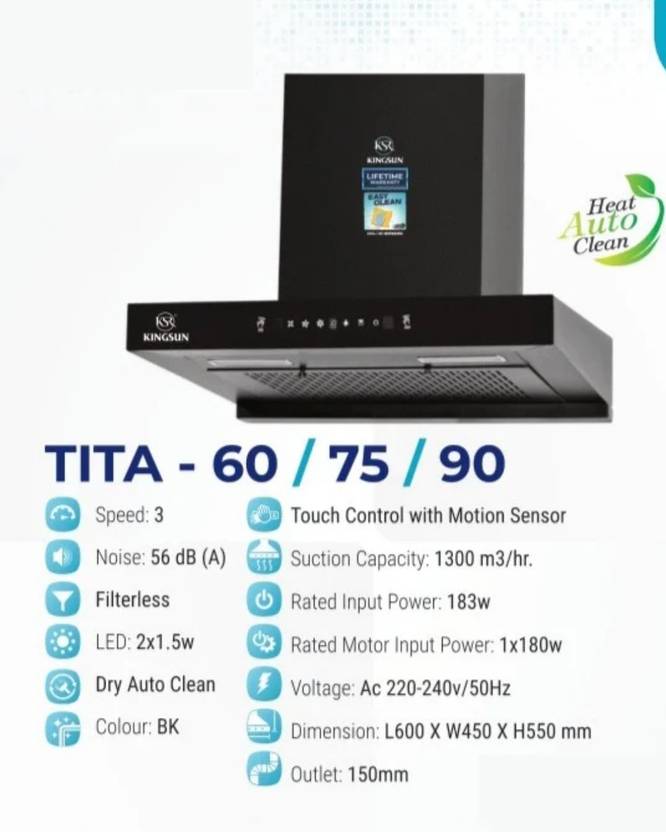 Kingsun TITA-90 Auto Clean Filterless Kitchen Chimney 60 cm 1300 CMH 90 cm Auto Clean Chimney