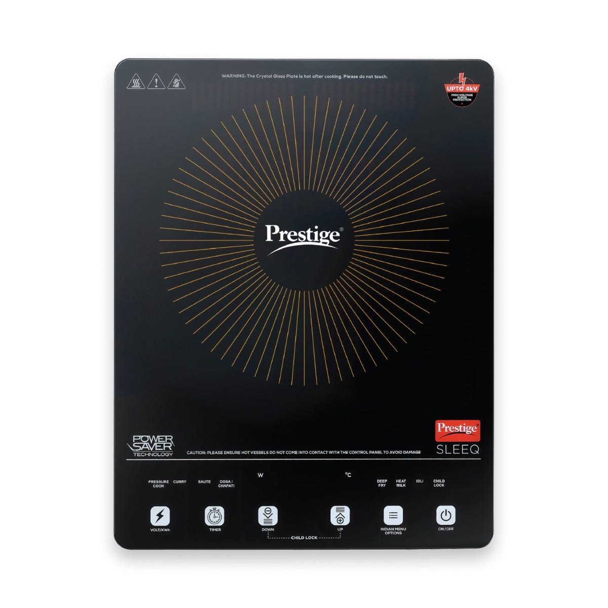 Prestige Sleeq 2300W Induction Cooktop, 4KV Surge Protection, 7 Preset Indian Menus & Timer, Black + Prestige TRIPLY Splendid 4 Pc Cookware Set: Fry Pan 22cm, Kadai 22cm, Saucepan 14cm, SS Lid 24cm