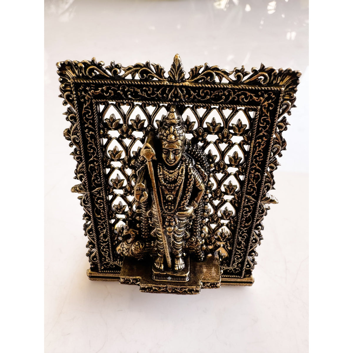 Pure Brass Miniature Murugan Ji Murti with Ornate Border - 7.37 cm