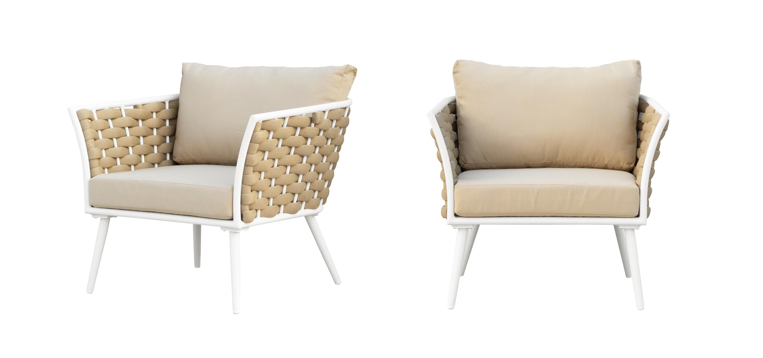 Crasio Outdoor Garden Balcony Sofa Set 3 Seater, 2 Single seater and 1 Center Table Set, Braid & Rope (White + Tan)