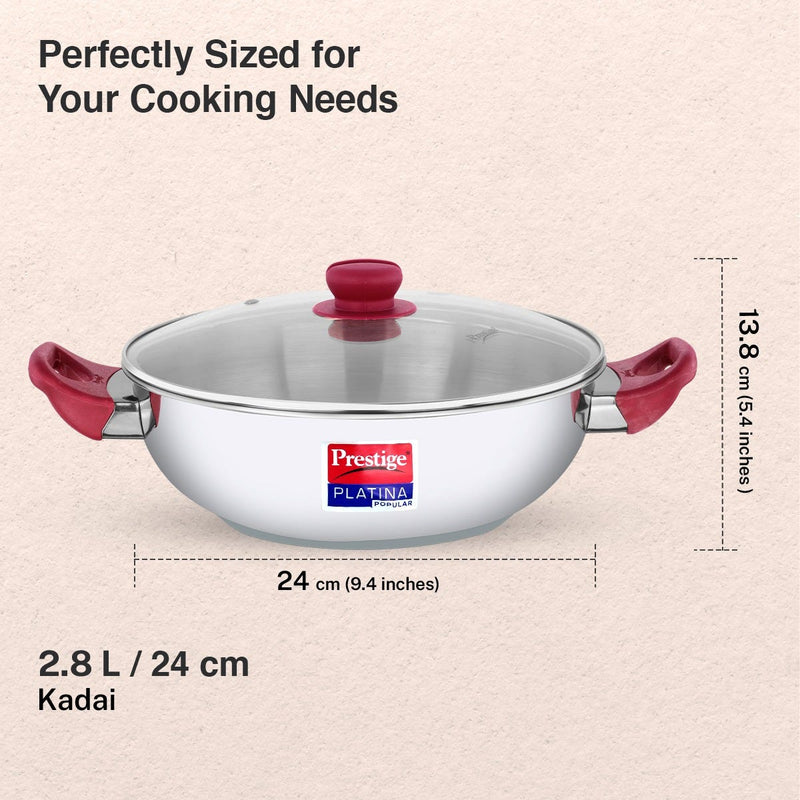 Prestige 3 Litre TRIPLY Svachh Outer Lid Pressure Cooker, Deep Lid Spillage Control, Gas & Induction + Prestige Platina Popular Stainless Steel Impact Forged Bottom Kadai with Glass Lid, 24cm, 2.8 L