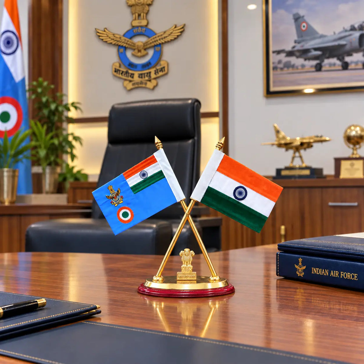 Brass National With Indian Army, Navy & Air Force Flags With Stand (12 Inch)