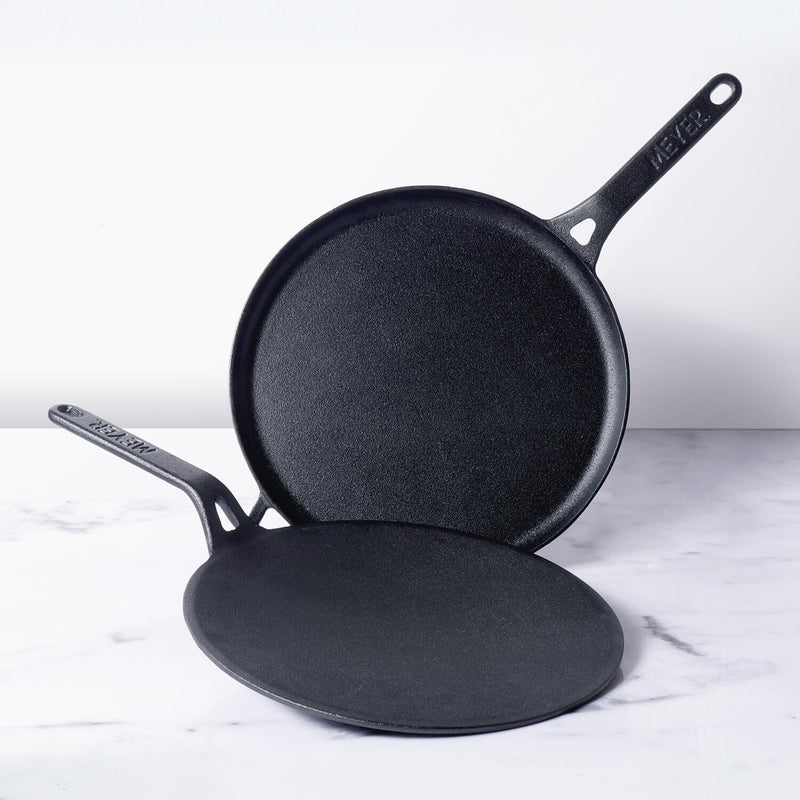 Meyer Cast Iron 2pcs Set - 26cm Curved Roti Tawa + 28cm Flat Dosa Tawa