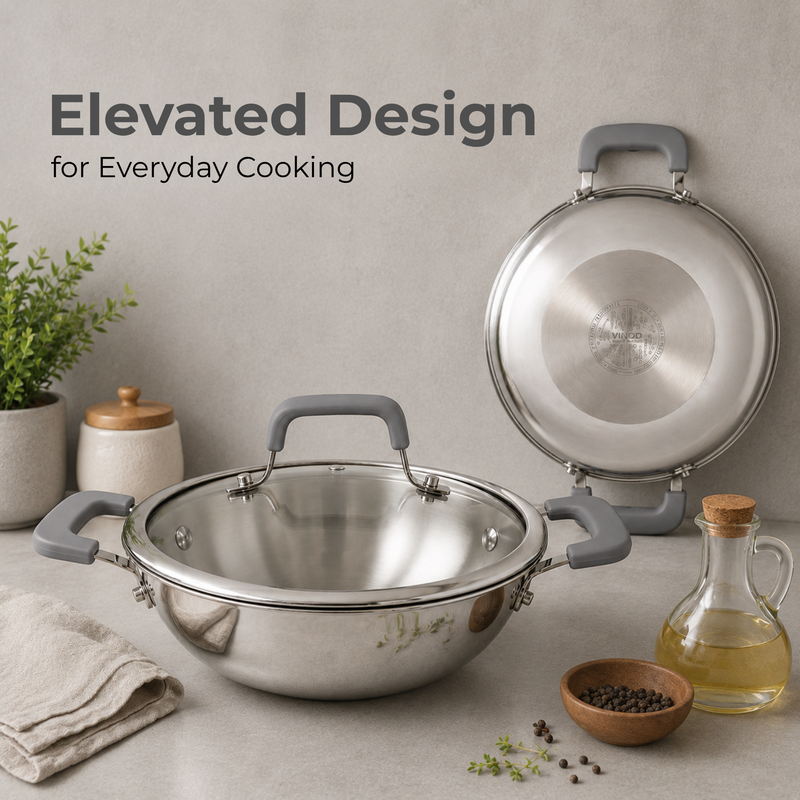 Vinod Luxe Triply (SAS Metal) Kadai with Glass Lid (Induction Friendly)