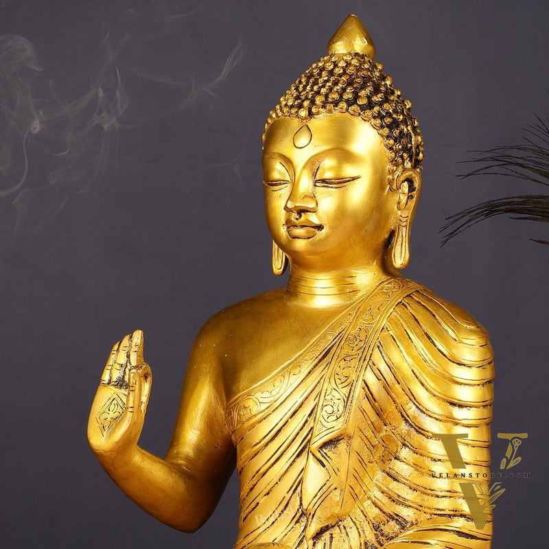 14-inch Pure Brass Buddha Statue in Abhaya Mudra Blessing Pose