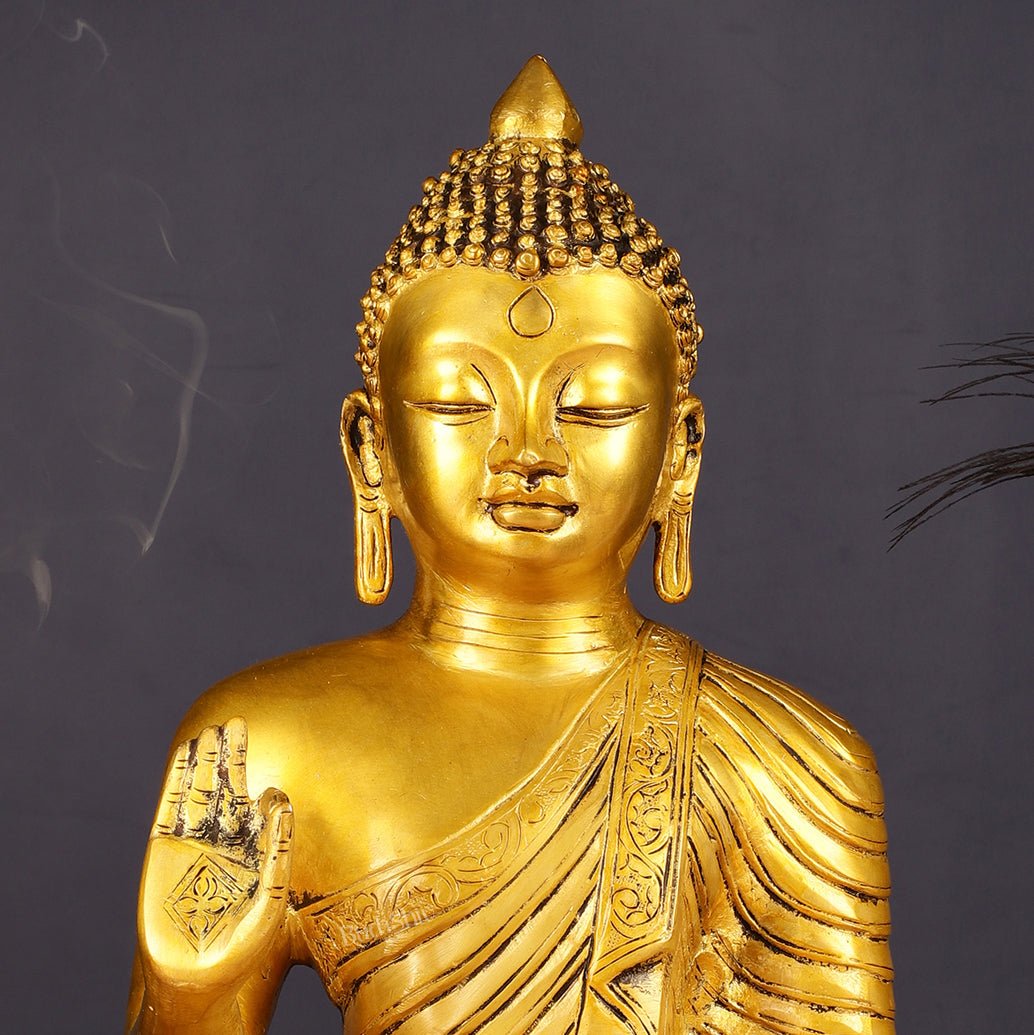 14-inch Pure Brass Buddha Statue in Abhaya Mudra Blessing Pose