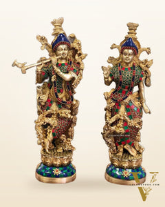 14-Inch Pure Brass Radha Krishna Statues | Finely Carved & Handcrafted