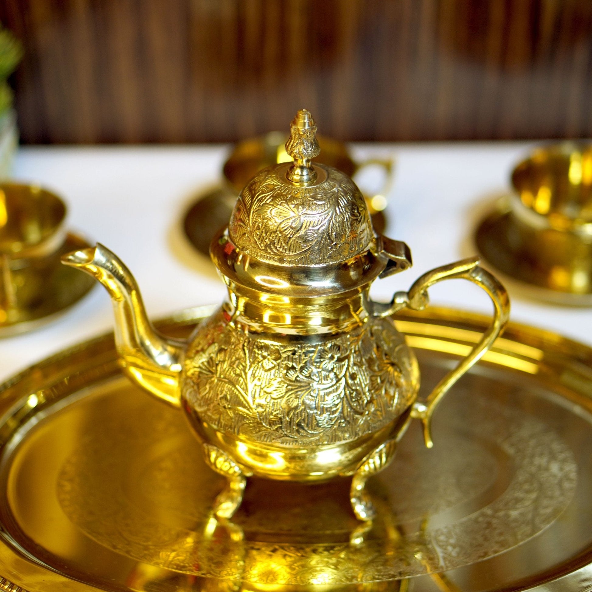 Brass Etched 14Pc Tea Kettle Set