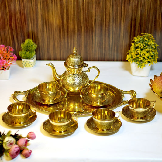 Brass Etched 14Pc Tea Kettle Set