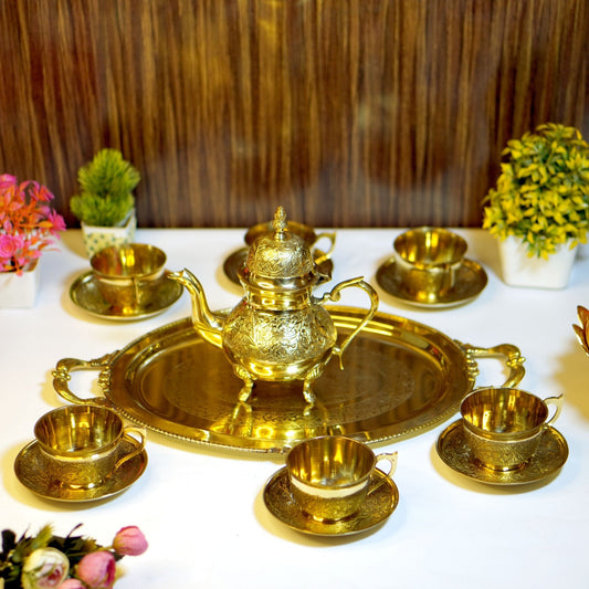 Brass Etched 14Pc Tea Kettle Set